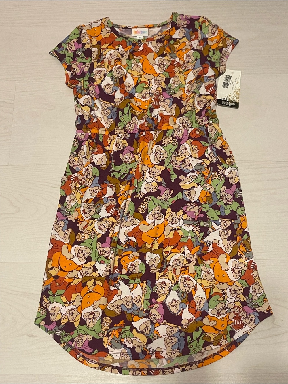 LuLaRoe Short Sleeve Girls 7 Dwarfs Dress in Orange, Purple, Green, Cream